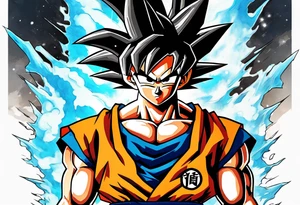 Small Son-Goku in the foreground and an older version of him as a super sayain behind him tattoo idea