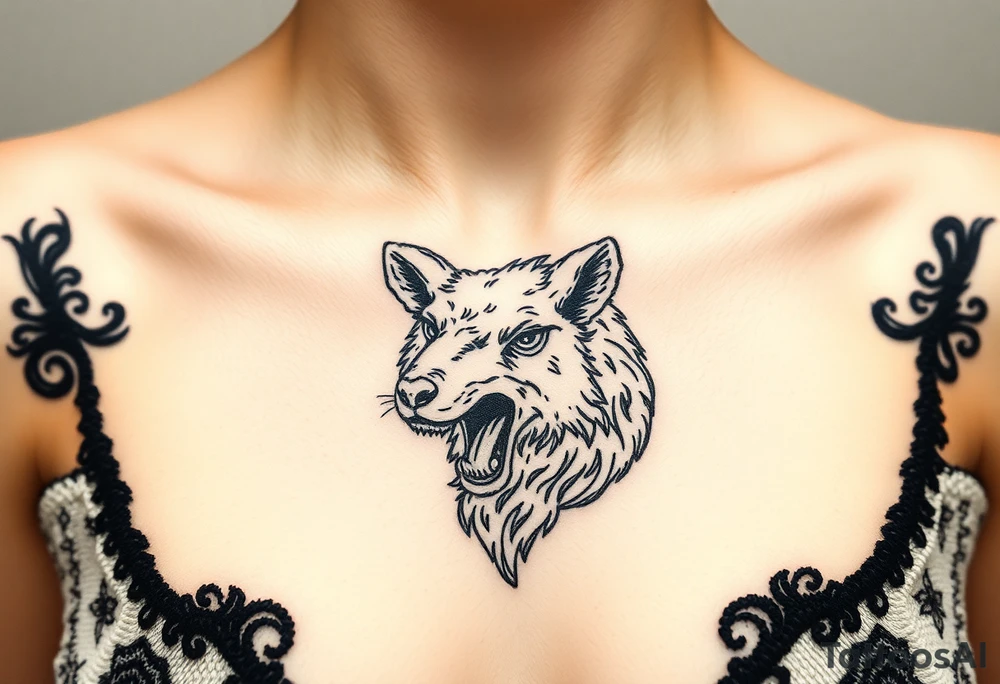 A  sheep wolf showing teeth as a mystical creature tattoo idea