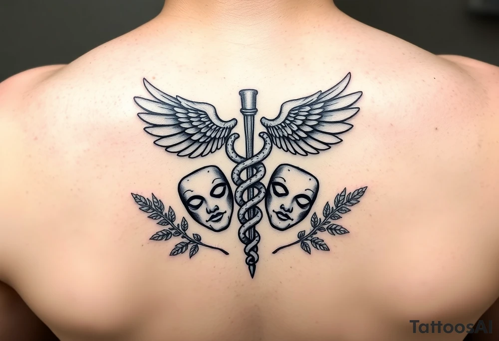 Fine-line black & grey tattoo. Central caduceus with two intertwined snakes and wings. Two drama masks subtly integrated near the base. Light fern leaves as a minimal frame. Gemini duality shown through symmetry of snakes and masks. Clean, elegant, symbolic, vertical composition. tattoo idea