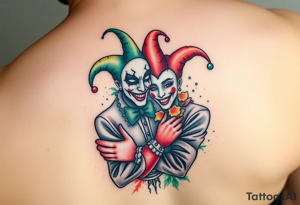a toxic power jester couple holding each other with cheeks being pulled to force smile tattoo idea