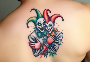 a toxic power jester couple holding each other with cheeks being pulled to force smile tattoo idea