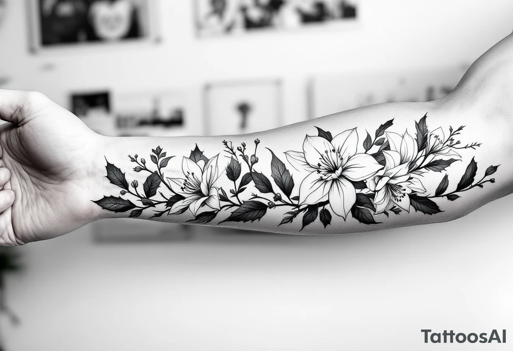 starting from a band mid-forearm, a sleeve of holly flowers and daffodils tattoo idea