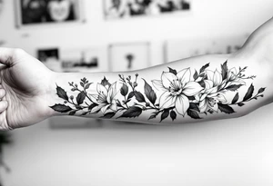 starting from a band mid-forearm, a sleeve of holly flowers and daffodils tattoo idea