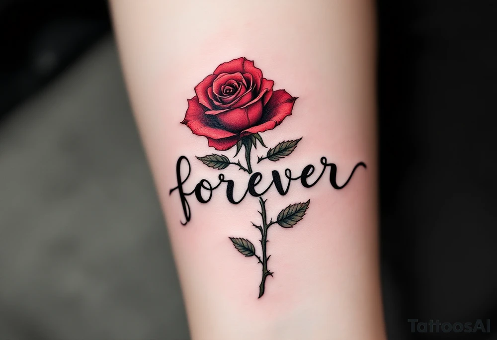 The word "forever" written in flowing black script, wrapped in a red rose stem with soft thorns. tattoo idea