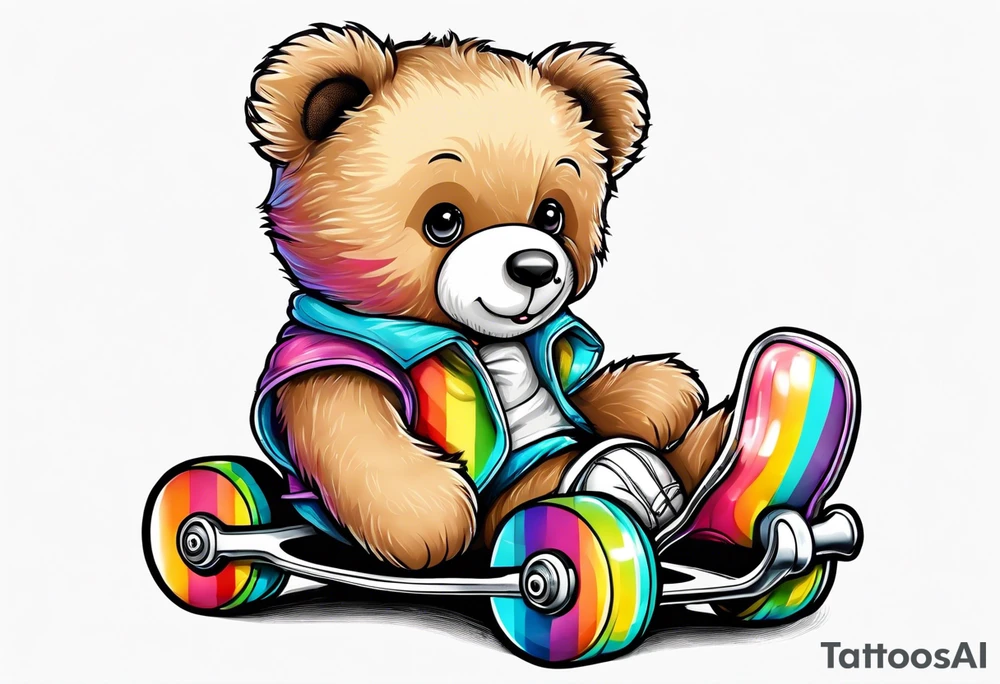 a teddy bear, wearing cute, pastel rainbow roller skates tattoo idea