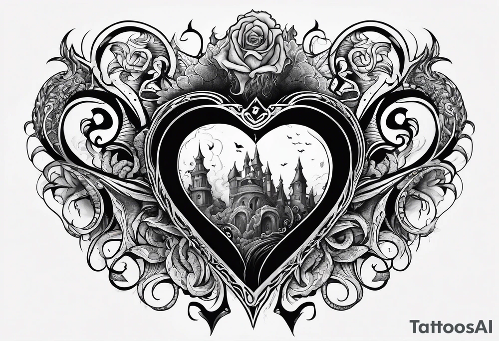 Long tattoo. Lovecraftian creature protecting a heart. tattoo idea