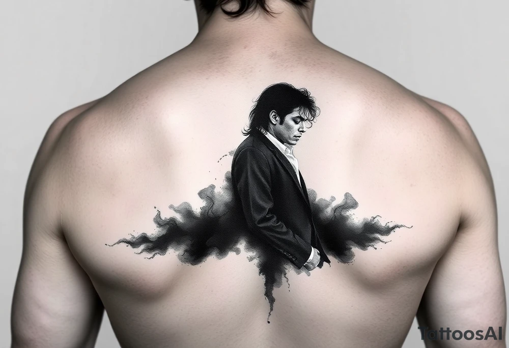 Michael Jackson black and grey realism tattoo concept, upper arm placement. The bottom of the design ends in a dark smokey gradient shadow. Seamlessly integrated within the dark shadow is his famous signature, appearing as negative space skin tone. High contrast, cinematic, dramatic tattoo art --ar 2:3 tattoo idea