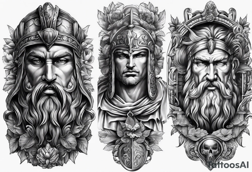 A sleeve of Roman objects and warriors tattoo idea