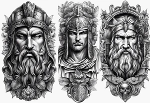 A sleeve of Roman objects and warriors tattoo idea