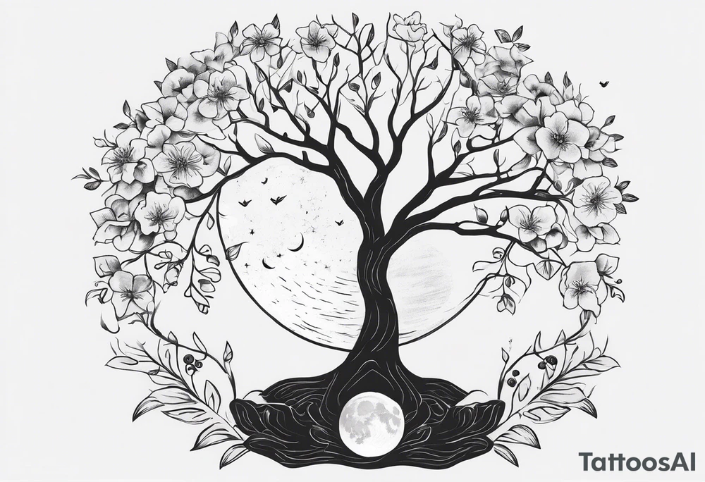 Tree with flowers , the moon , symbols of strength and power tattoo idea