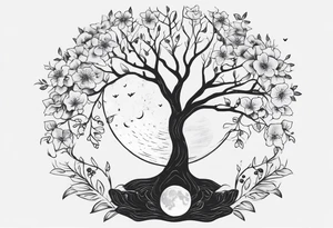 Tree with flowers , the moon , symbols of strength and power tattoo idea