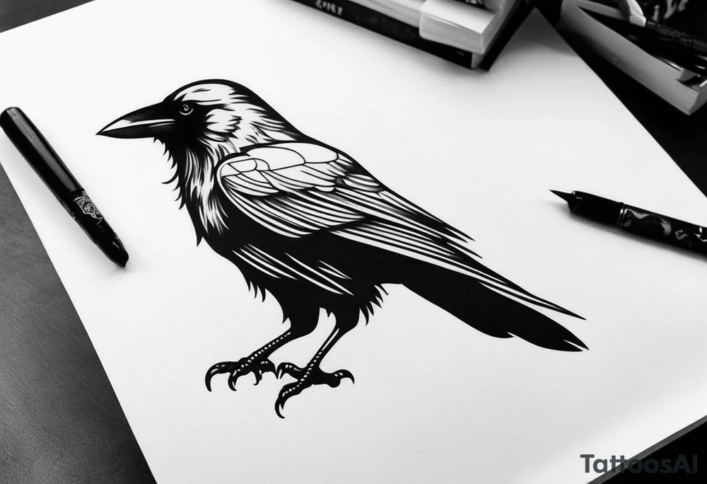 Crow perched on thigh tattoo idea
