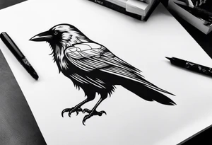 Crow perched on thigh tattoo idea