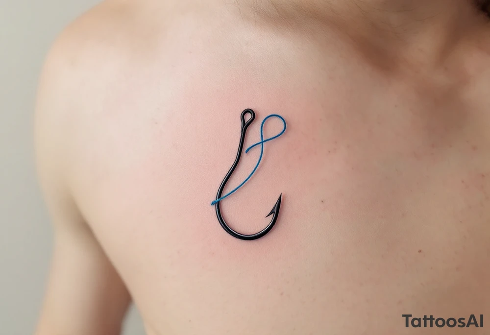Hook and Line – A realistic black hook attached to a fine light blue fishing line, swirling elegantly around the arm. The line’s delicate curves contrast with the bold, solid hook. tattoo idea