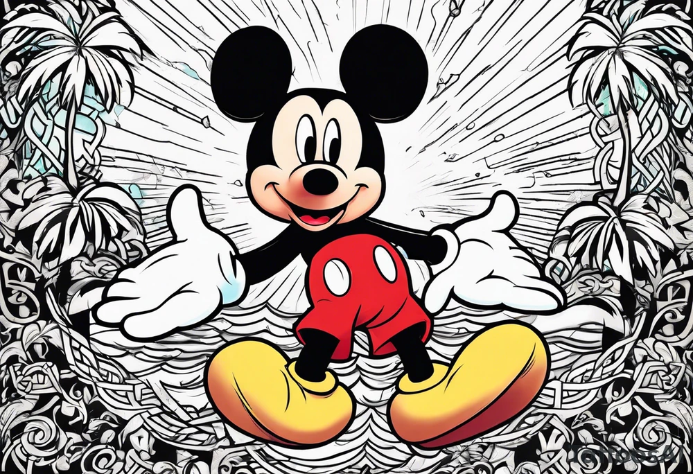 mickey mouse in a lightning storm with palm trees and the celtic symbol for family tattoo idea