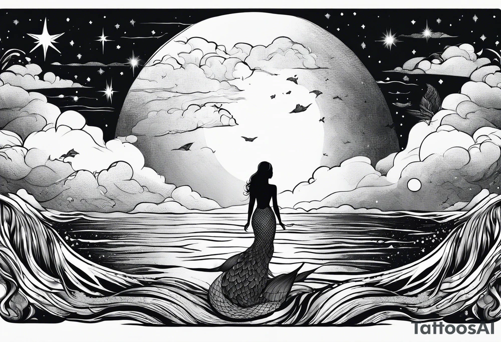 A mermaid looking out into the night sky and ocean horizon tattoo idea