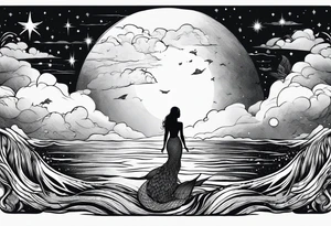 A mermaid looking out into the night sky and ocean horizon tattoo idea
