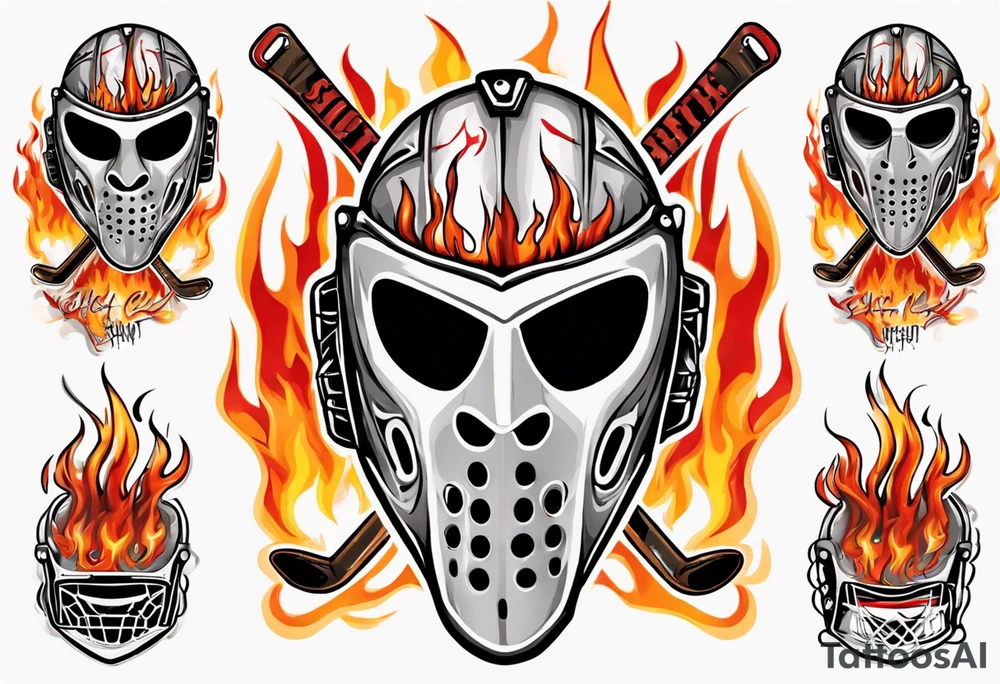 a goalie mask with crossed hockey sticks and flames that says "SHOT HOCKEY" tattoo idea
