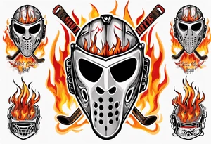 a goalie mask with crossed hockey sticks and flames that says "SHOT HOCKEY" tattoo idea