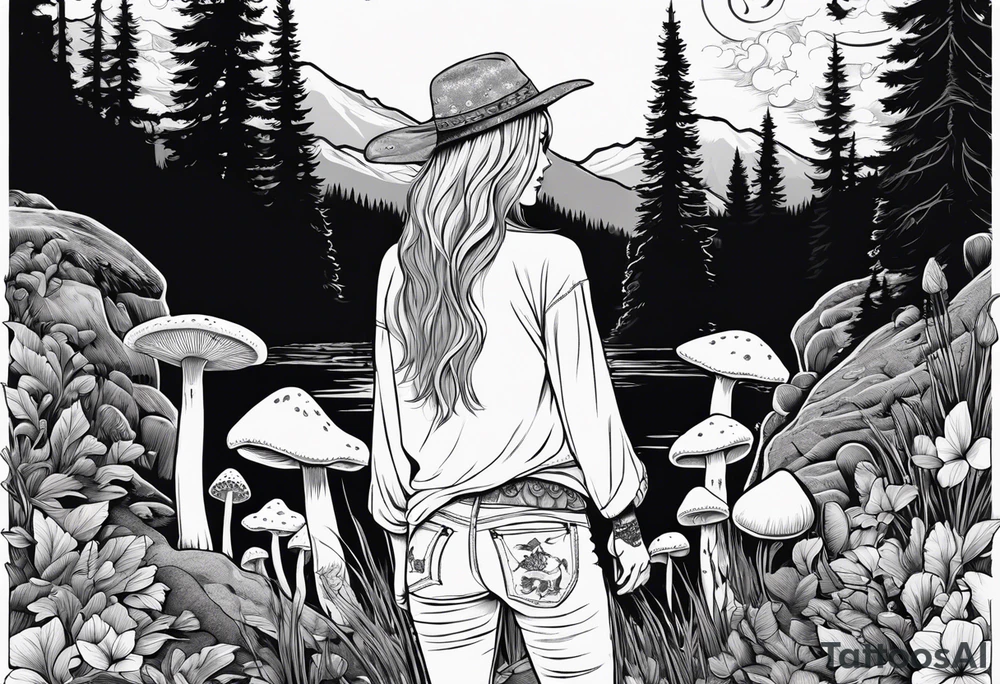 Whole picture encircled fully

Straight long blonde hair hippie girl in distance holding mushrooms in hand facing away toward mountains and creek surrounded by mushrooms long sleeve shirt and hiking pants; whole rendering within a full circle, no cut off circle tattoo idea