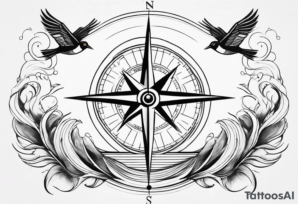Compass with wAVES on mid back female elongated with birds above tattoo idea