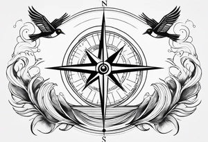 Compass with wAVES on mid back female elongated with birds above tattoo idea