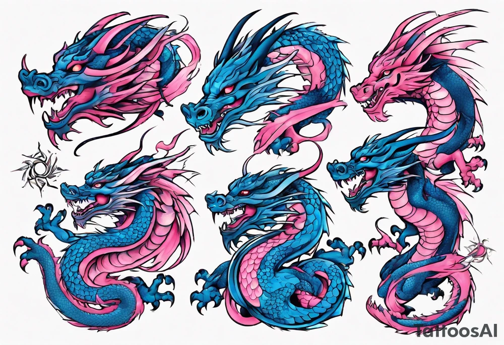 blue pink dragons tattoo idea
