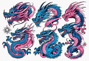 blue pink dragons tattoo idea