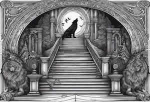 a staircase to valhalla with Odin at its end. On the side of the stair is a pack ow wolves. Also add in a a pair of doves and two ravens tattoo idea