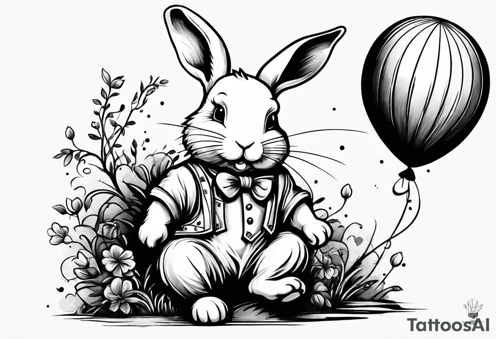 A little white rabbit is holding a baloon tattoo idea