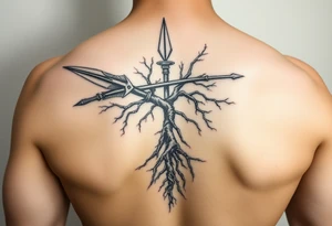 A broken spear with roots growing through it, tribal blackwork style, symbolizing healing through soul, not ego” tattoo idea