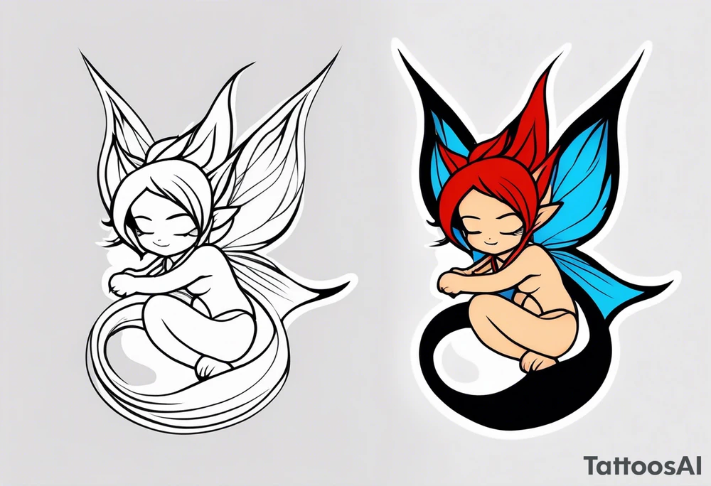 A fairy with a tail inspired by the logo of the show called Fairy Tail in a fetal position leaning in tattoo idea