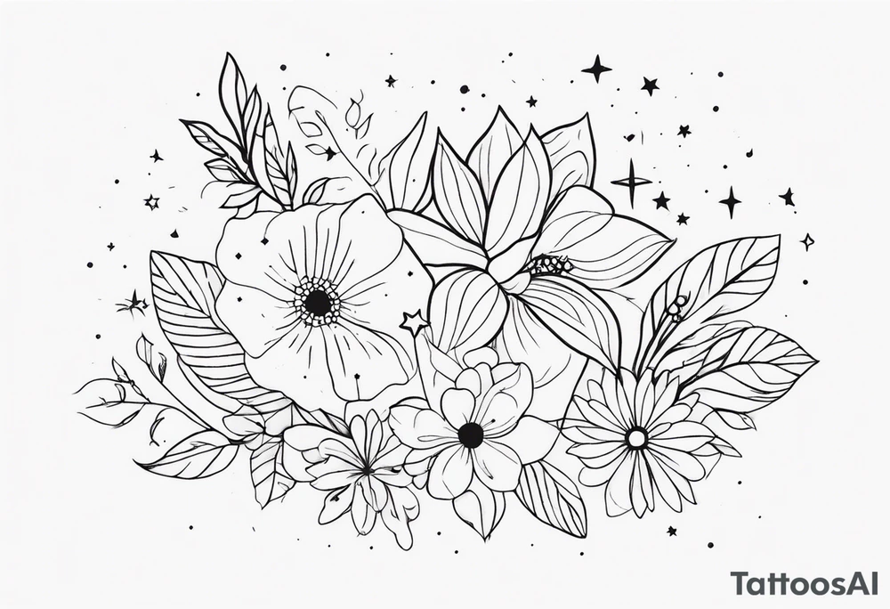fine line with stars, floral, dots tattoo idea