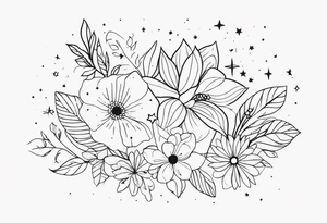 fine line with stars, floral, dots tattoo idea