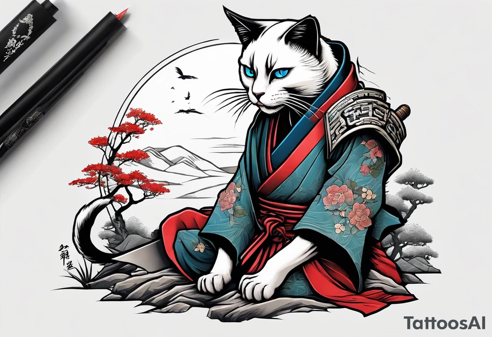 A siamese samurai cat killing a zombie tattoo idea