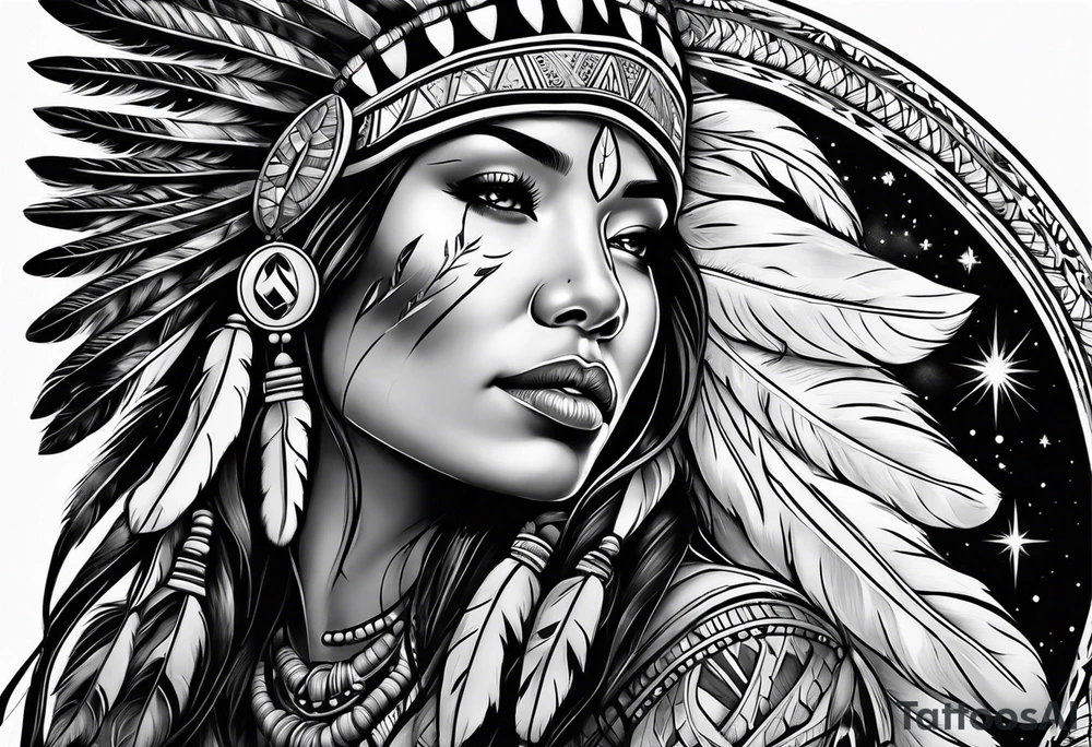 Native American woman under the northern lights tattoo idea