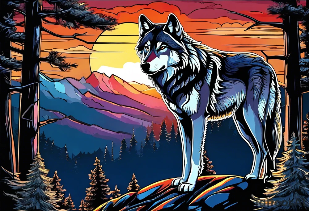 Wolves spouses
Dark woods
Mountains
Sunset tattoo idea