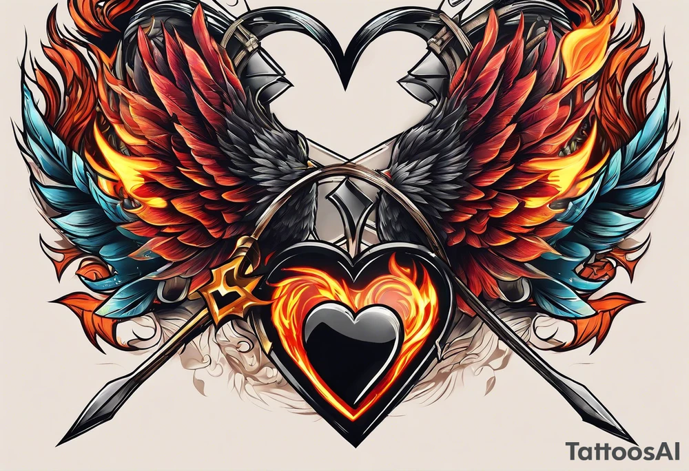 Heart on fire with an arrow shot through it. Showcasing things were difficult between me and my husband and how we are separating our paths tattoo idea