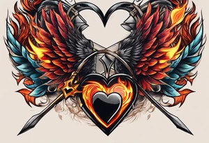 Heart on fire with an arrow shot through it. Showcasing things were difficult between me and my husband and how we are separating our paths tattoo idea