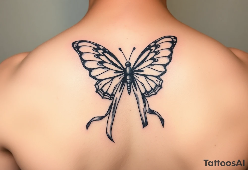 ethereal butterfly with flowing silk HIV-positive symbol ribbons in moonlight tattoo idea