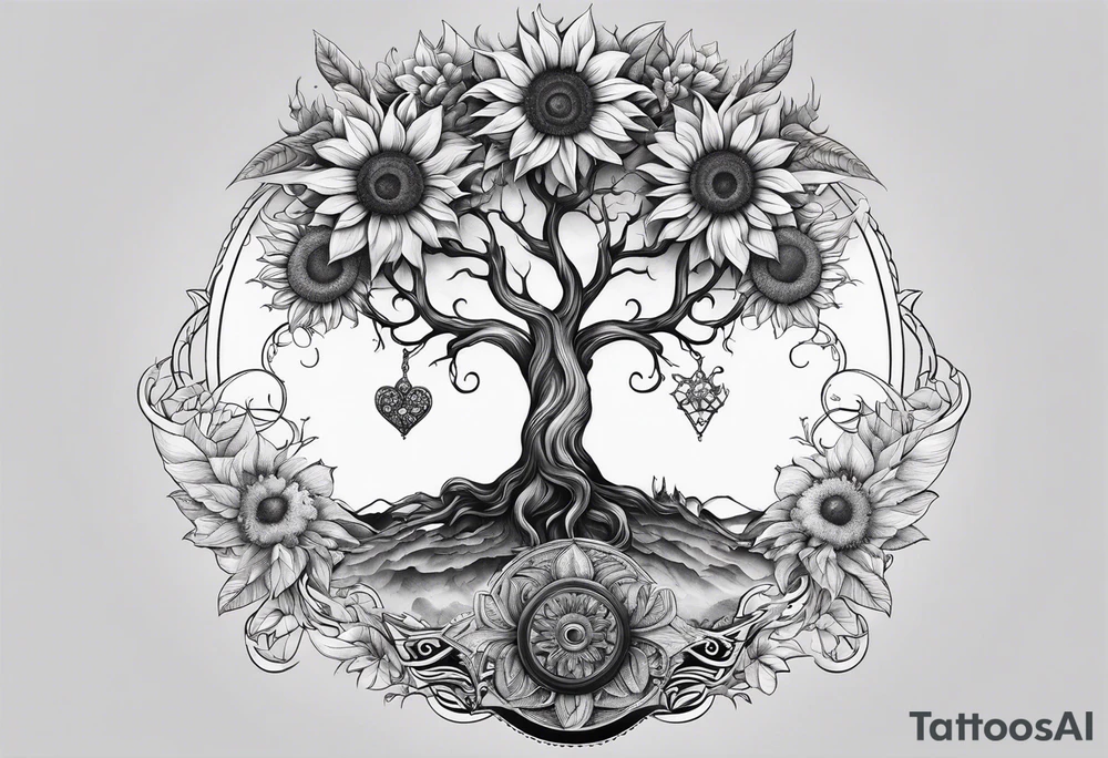 Feminine Yggdrasil tree with two sunflowers tattoo idea