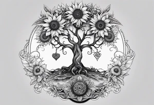 Feminine Yggdrasil tree with two sunflowers tattoo idea