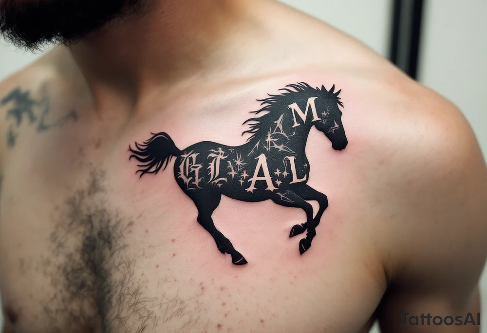 horse silhouette 
from the front which gallops from the front, with the 3 small letters discreetly integrated: M, A, L tattoo idea
