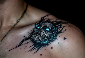 A shattered robotic mask revealing human skin underneath, glowing in dark gunmetal, blue, and black shadows include shadowing tattoo idea