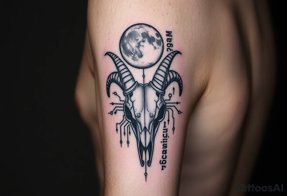 Vertical forearm tattoo, goat skull at wrist, new moon at top, flowing digital circuits connecting elements, blackletter gothic text vertically like 'Magic Illuminator', cyber-gothic occult style, black and gray with subtle glow tattoo idea