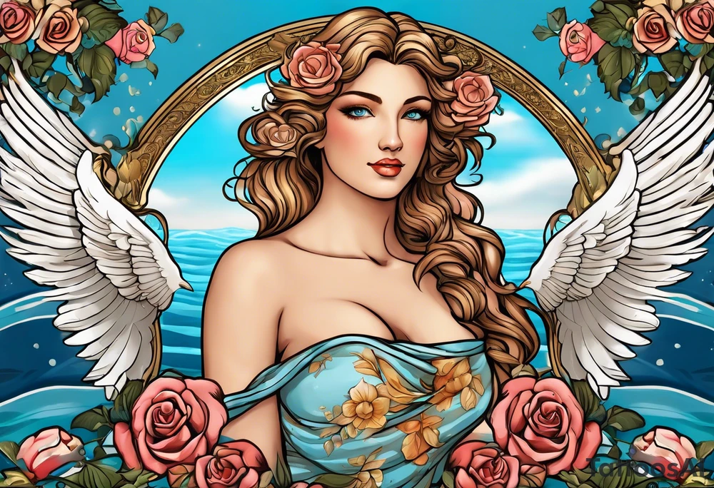 Portrait of Aphrodite: A face or full-length image of the goddess, often in a realistic style, perhaps decorated with flowers, seashells, or doves.rose, doves, shells and a mirror in his hand. background sea, blue roses frames,, romantic,background  fly boy wings and a bow, cupido tattoo idea
