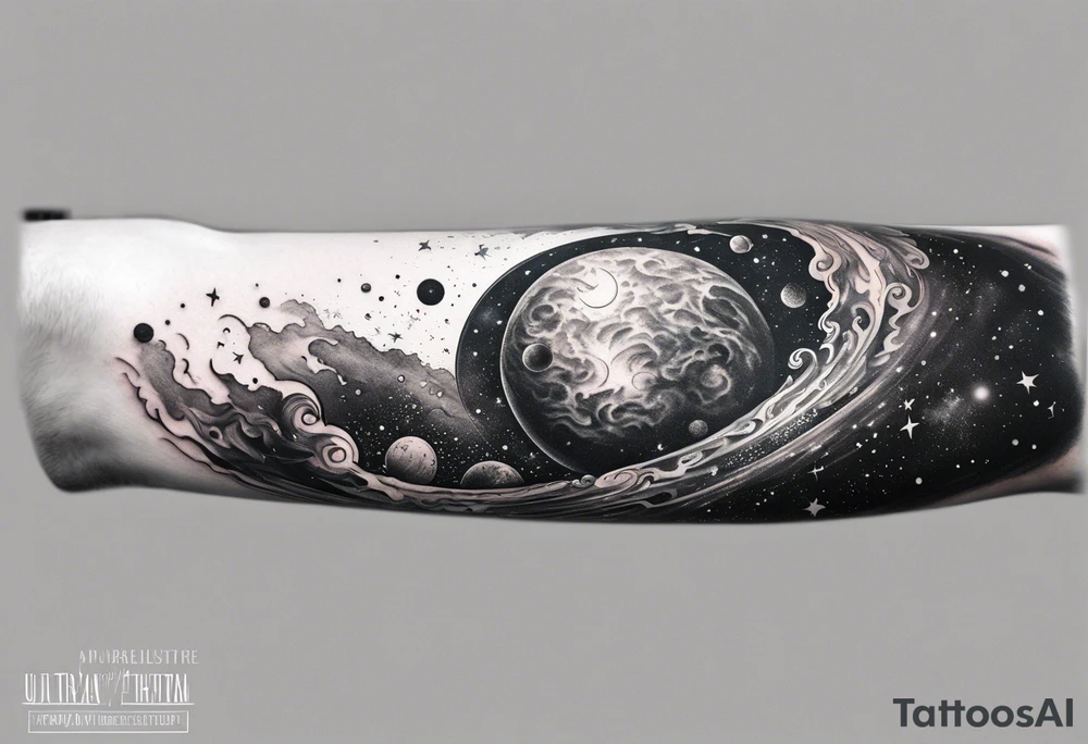 Half sleeve tattoo of a galaxy orbiting. tattoo idea
