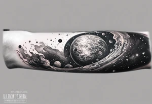 Half sleeve tattoo of a galaxy orbiting. tattoo idea