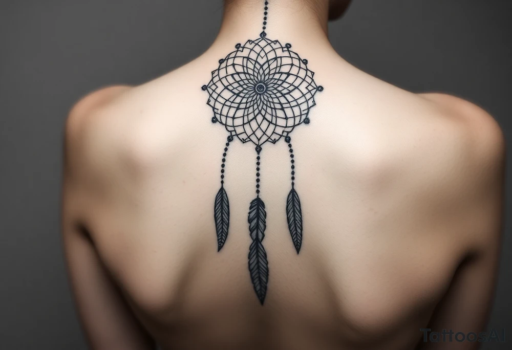 Thin spinal tattoo following down the spine in native dreamcatcher with flowing lines made of a discreet connection of morse code ".--- .- --.     .-.. ... -.- .- .-.   -.. .. --.     .-.. .. .-.. .-.. . -... .-. --- .-. connected to flowing feathers tattoo idea