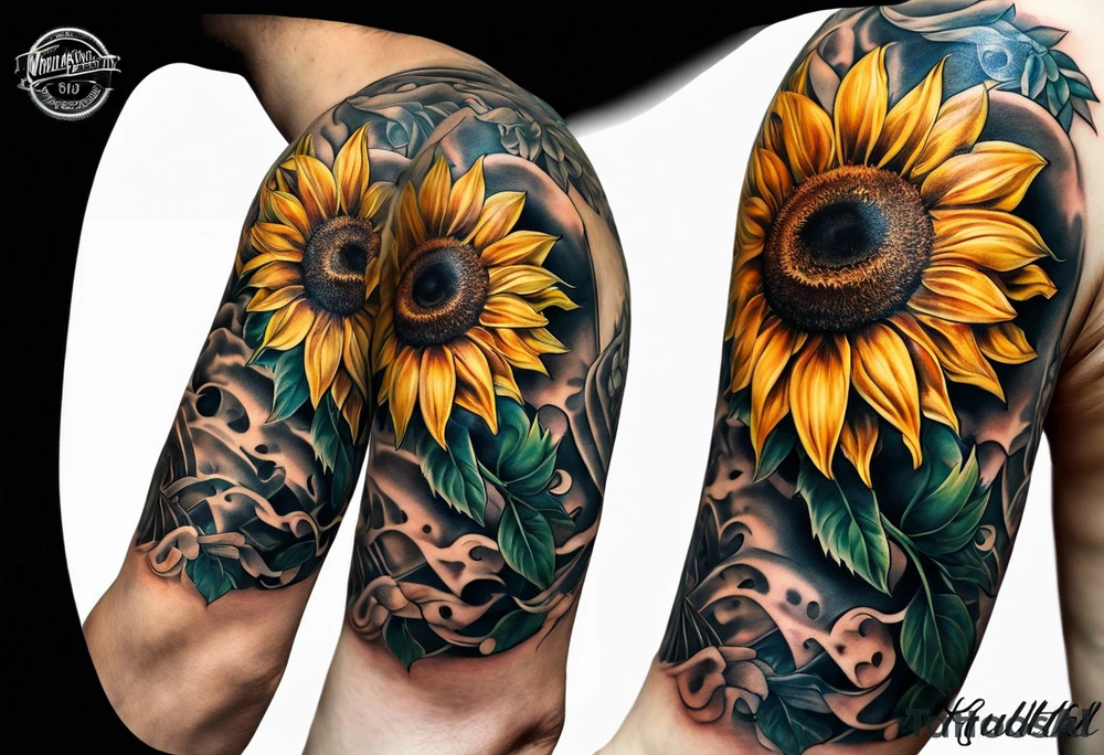 Sleeve with Roman numeral and sunflowers tattoo idea